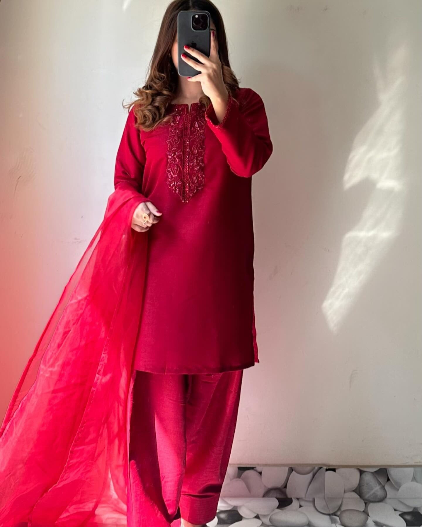 AAvaran AAvaran Crimson Red Crepe Silk Hand-Embroidered Farshi Salwar Kameez Set Kurti Set with dupatta & Sharara Plazo