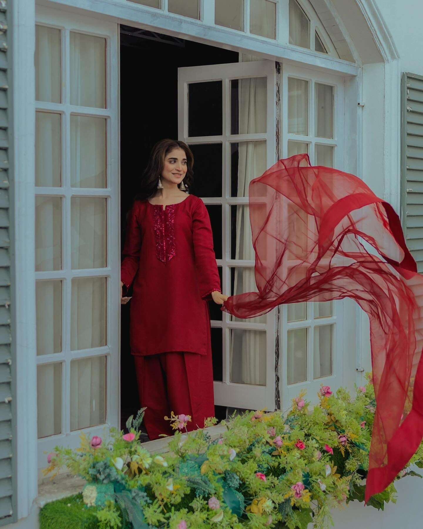 AAvaran AAvaran Crimson Red Crepe Silk Hand-Embroidered Farshi Salwar Kameez Set Kurti Set with dupatta & Sharara Plazo