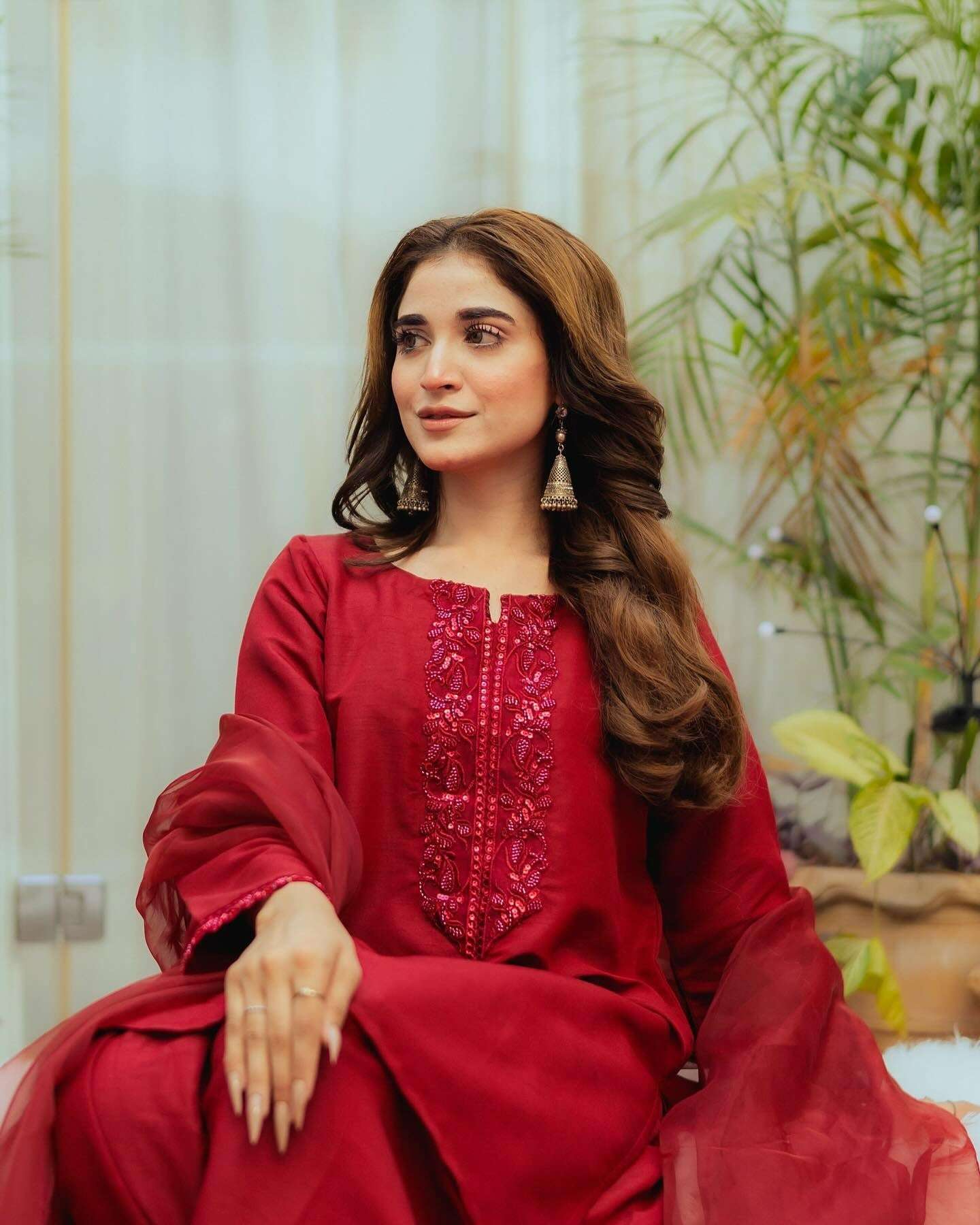 AAvaran AAvaran Crimson Red Crepe Silk Hand-Embroidered Farshi Salwar Kameez Set Kurti Set with dupatta & Sharara Plazo