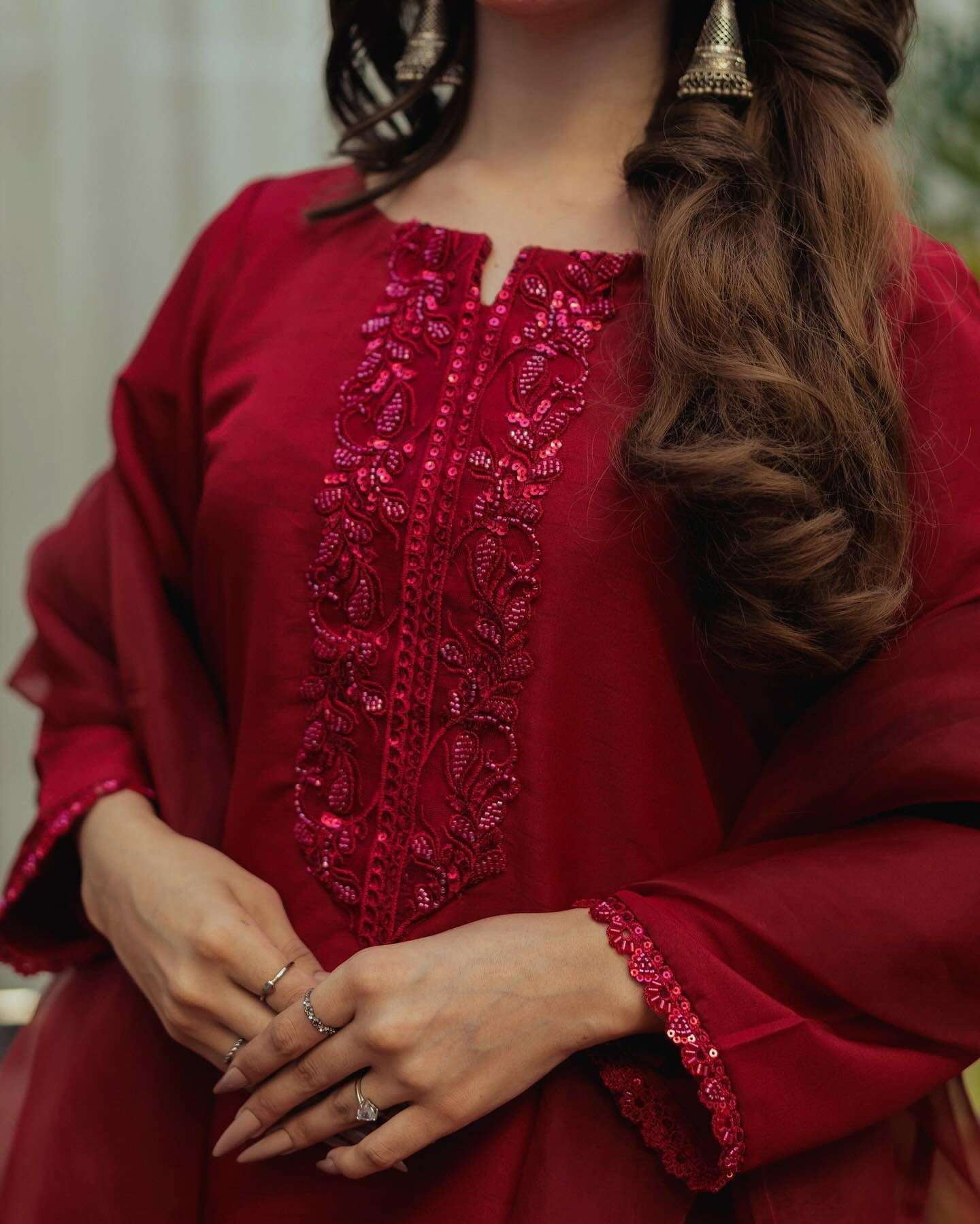 AAvaran AAvaran Crimson Red Crepe Silk Hand-Embroidered Farshi Salwar Kameez Set Kurti Set with dupatta & Sharara Plazo