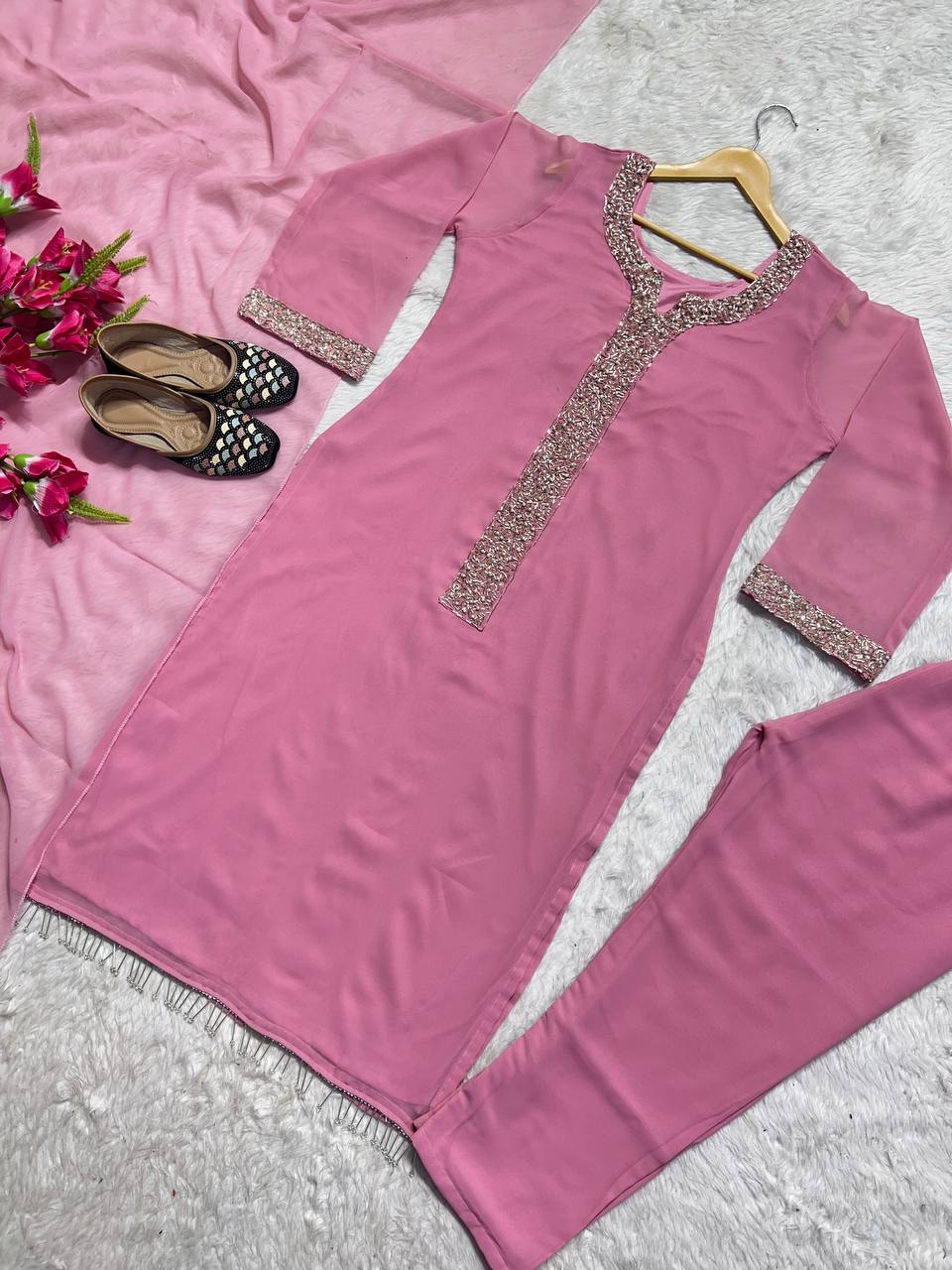 AAvaran Faux Georgette Moti Hand Work Kurta Set with Pant & Dupatta | AAvaran Kurti Set with dupatta & Pant