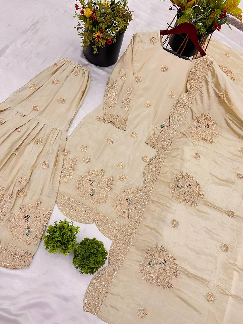 AAvaran AAvaran Wedding Collection Sharara with Embroidery Coding Dori-3 mm Sequence Work Kurti Set with dupatta & Sharara Plazo