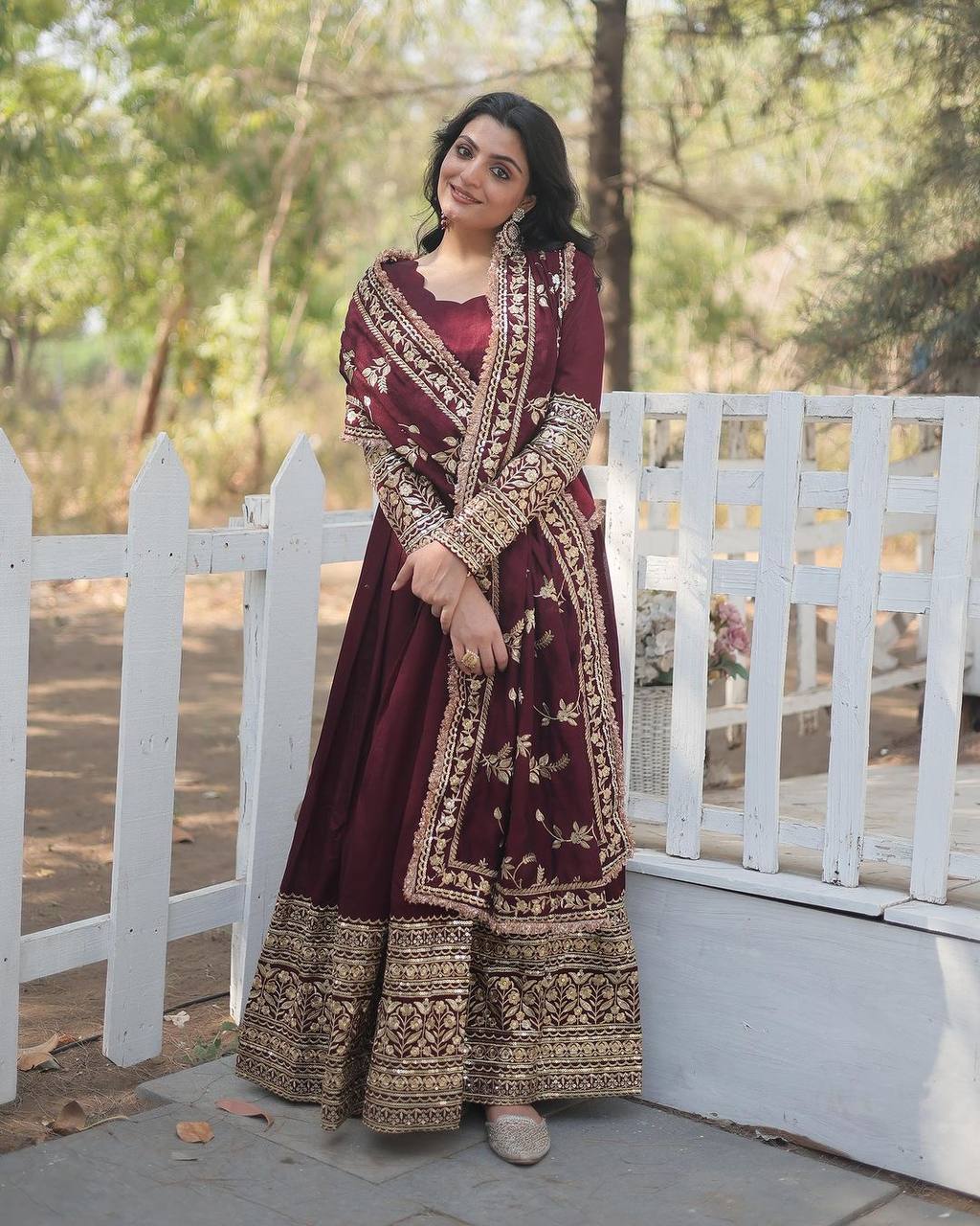 AAvaran Midnight Sparkle Embroidered Georgette Anarkali Set | AAvaran Maroon Anarkali Set with dupatta & Pant