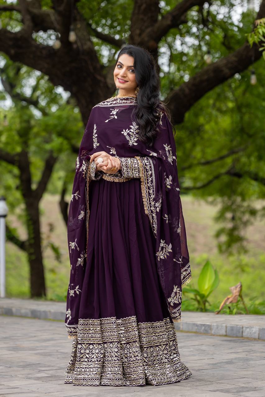 AAvaran Midnight Sparkle Embroidered Georgette Anarkali Set | AAvaran Dark Purple Anarkali Set with dupatta & Pant