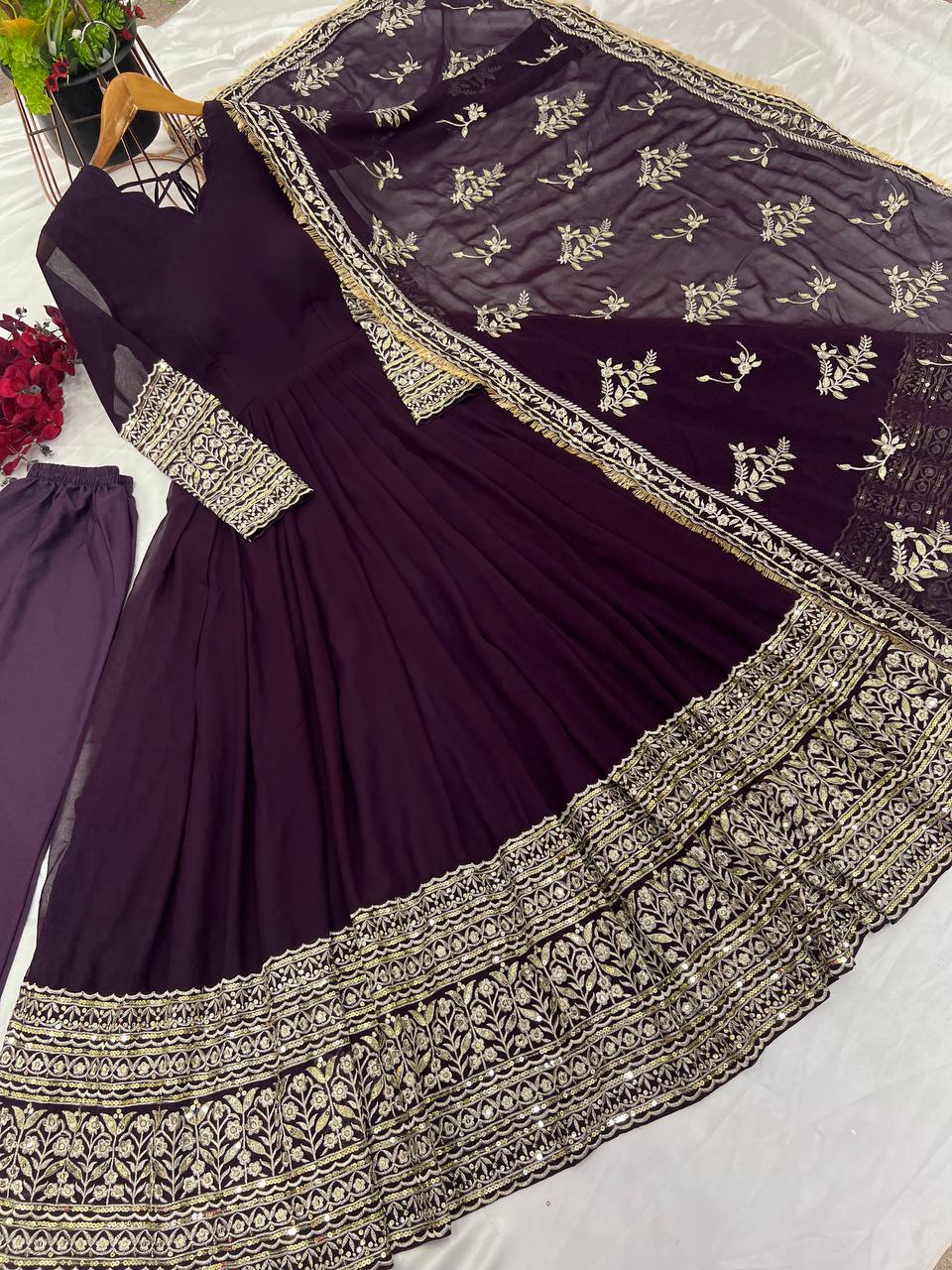 AAvaran Midnight Sparkle Embroidered Georgette Anarkali Set | AAvaran Anarkali Set with dupatta & Pant