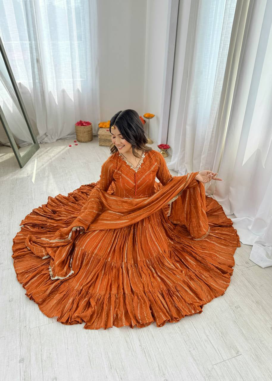 Coral Radiance Mirror Handwork Ruffle Gown Set