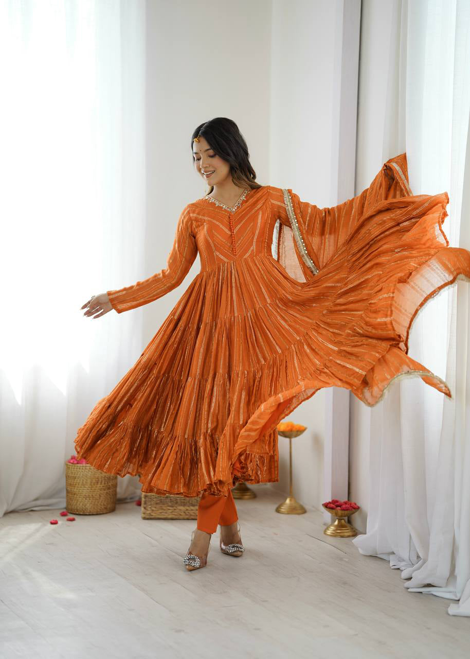 Coral Radiance Mirror Handwork Ruffle Gown Set