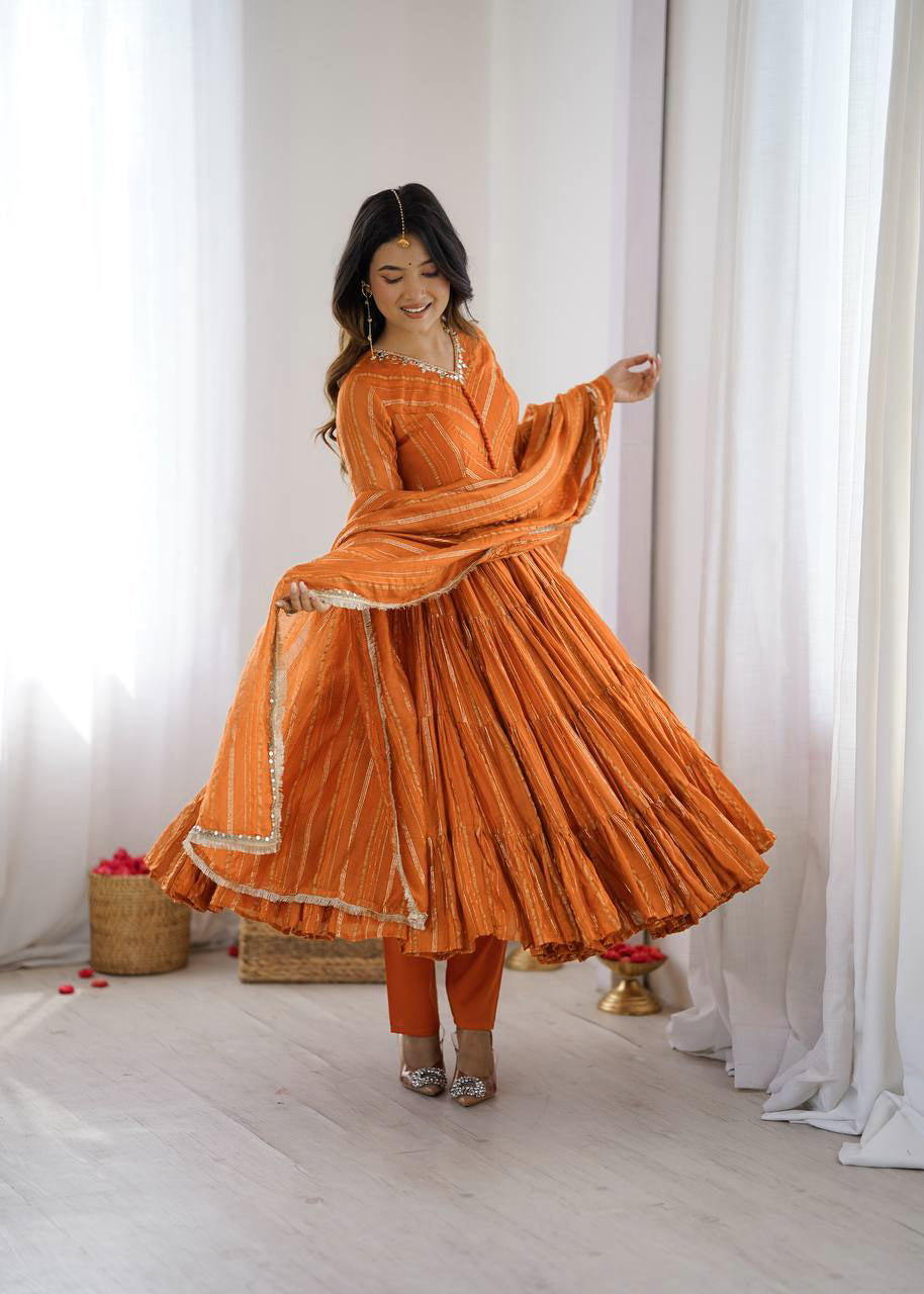 Coral Radiance Mirror Handwork Ruffle Gown Set