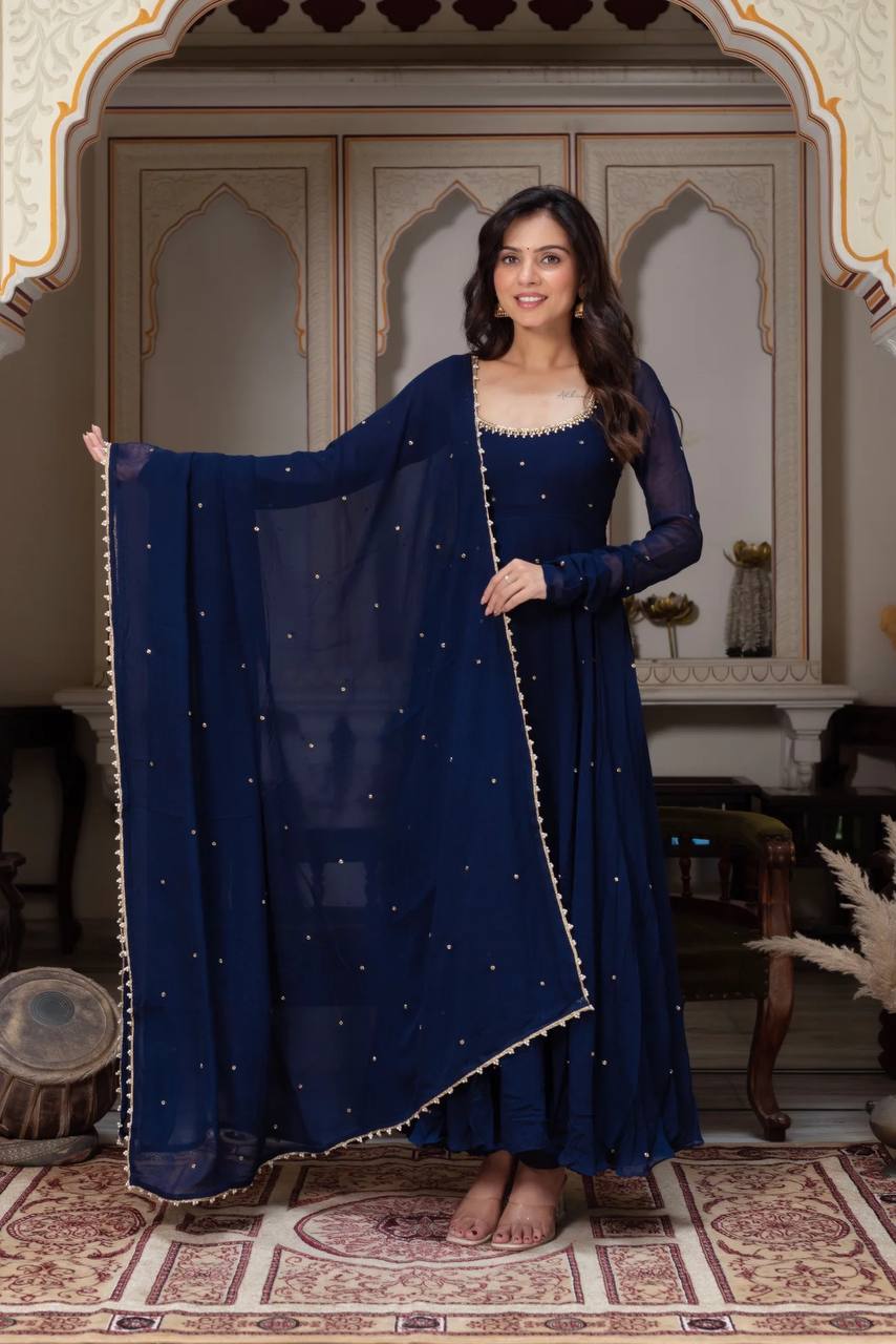 Midnight Grace Handcrafted Navy Blue Anarkali Set