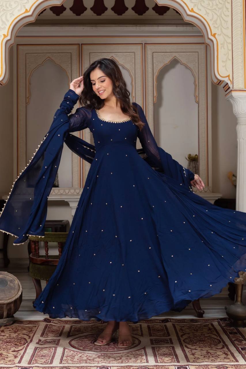Midnight Grace Handcrafted Navy Blue Anarkali Set
