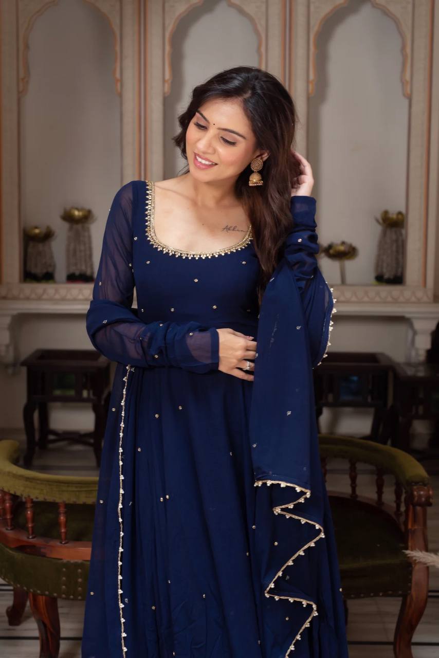 Midnight Grace Handcrafted Navy Blue Anarkali Set