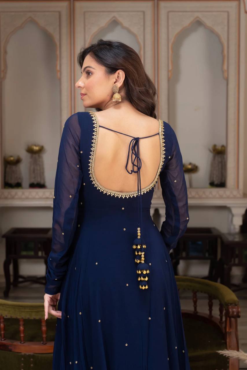Midnight Grace Handcrafted Navy Blue Anarkali Set