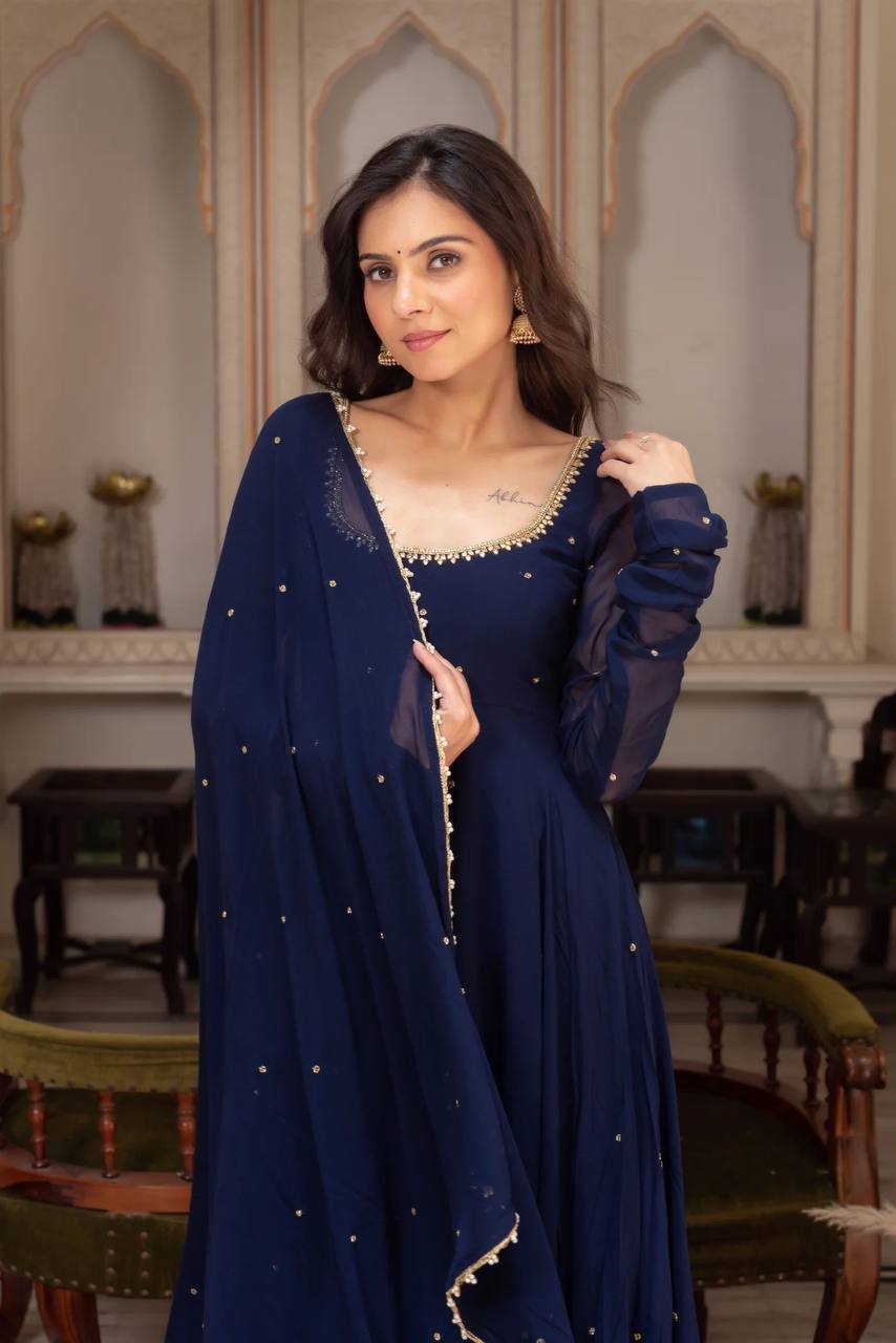 Midnight Grace Handcrafted Navy Blue Anarkali Set