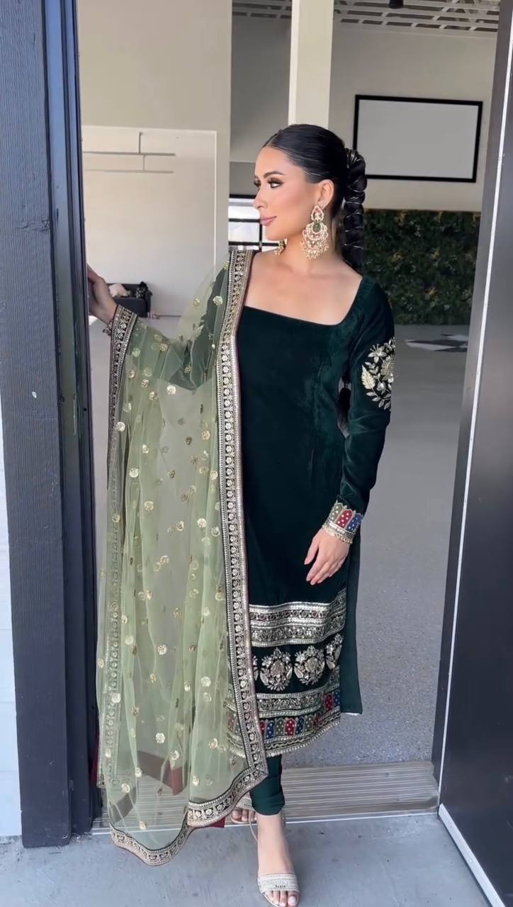 Dark Green Velvet Embroidered Kurta Set
