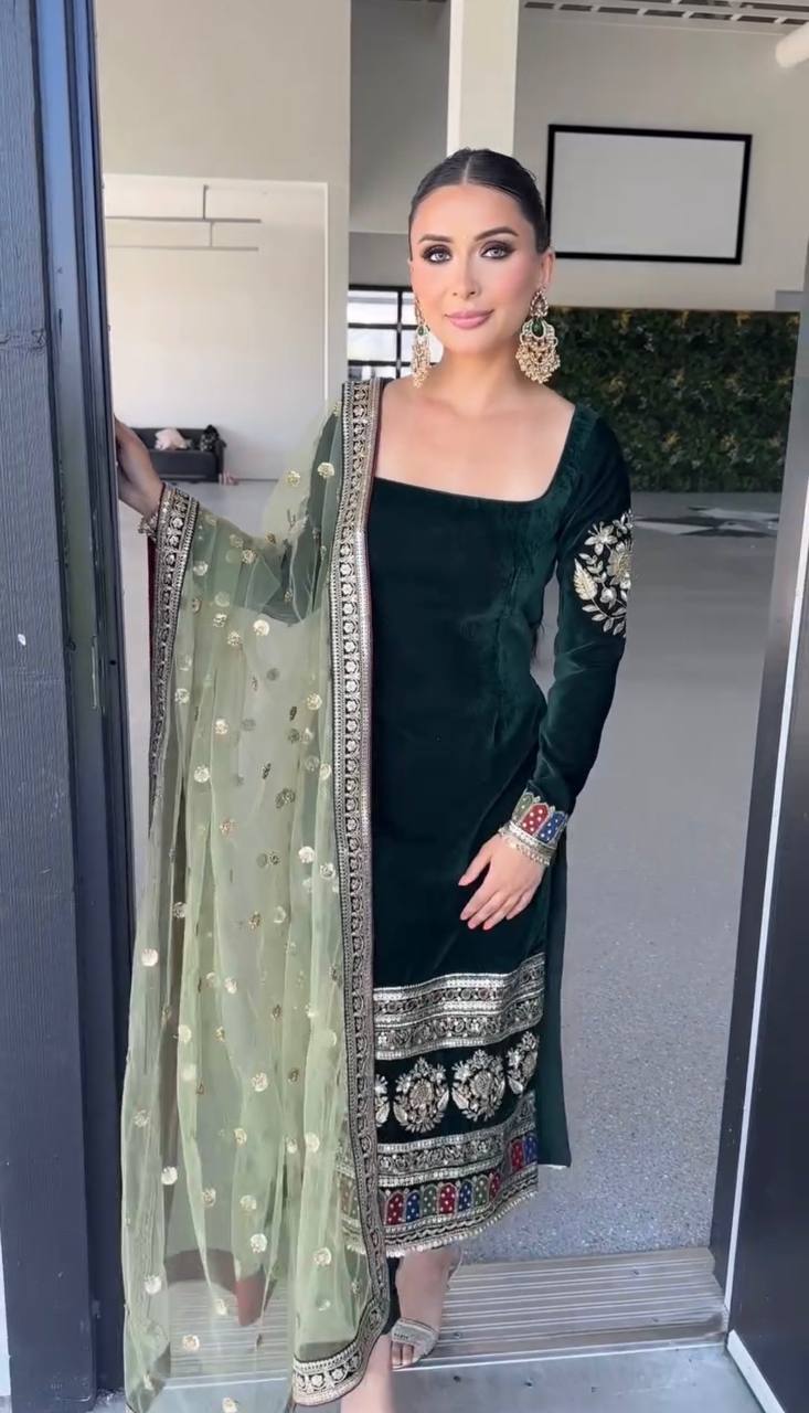 Dark Green Velvet Embroidered Kurta Set