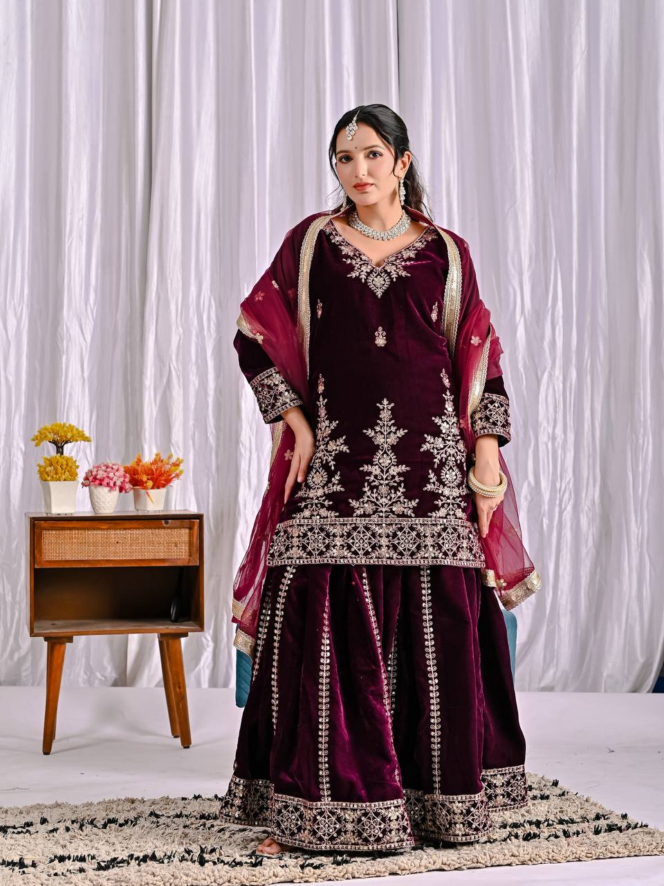 Burgundy Velvet Radiance Embroidered Sharara Set