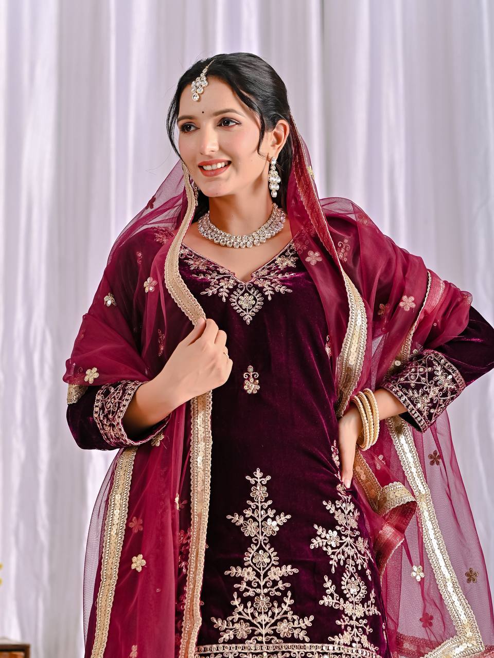 Burgundy Velvet Radiance Embroidered Sharara Set