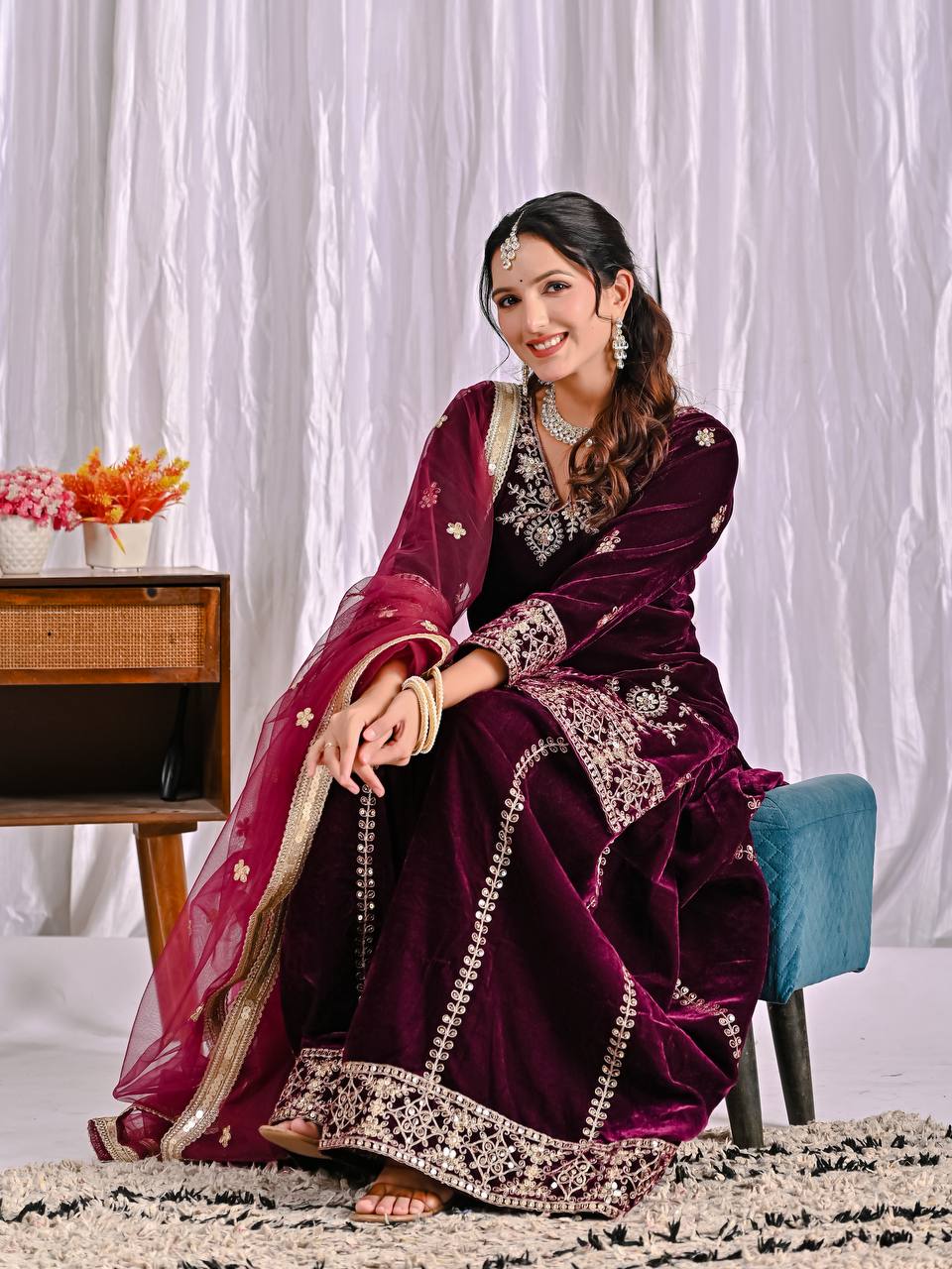 Burgundy Velvet Radiance Embroidered Sharara Set
