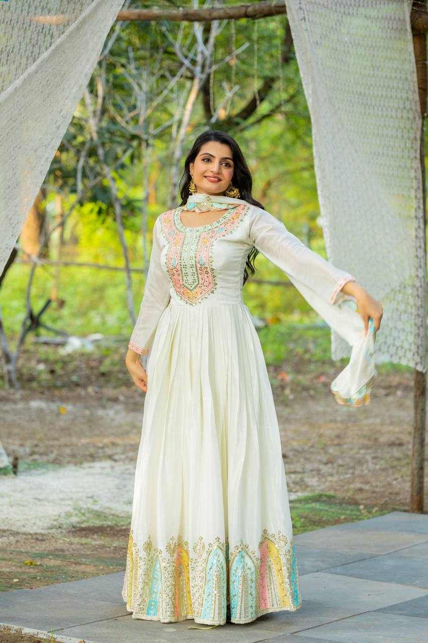 AAvaran AAvaran Heavy Chinon Silk Embroidered Anarkali with Dupatta | Full Sleeves Anarkali Set with dupatta & Pant