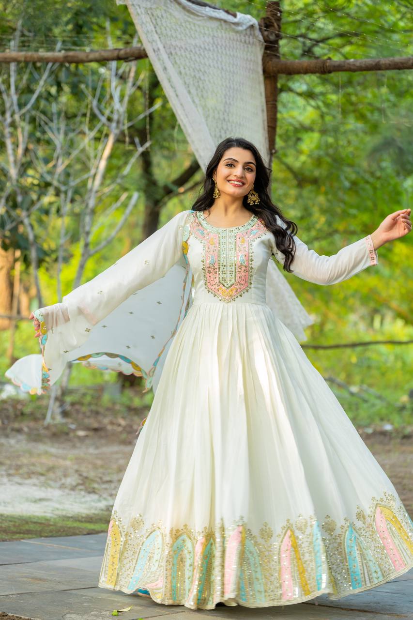 AAvaran AAvaran Heavy Chinon Silk Embroidered Anarkali with Dupatta | Full Sleeves Anarkali Set with dupatta & Pant