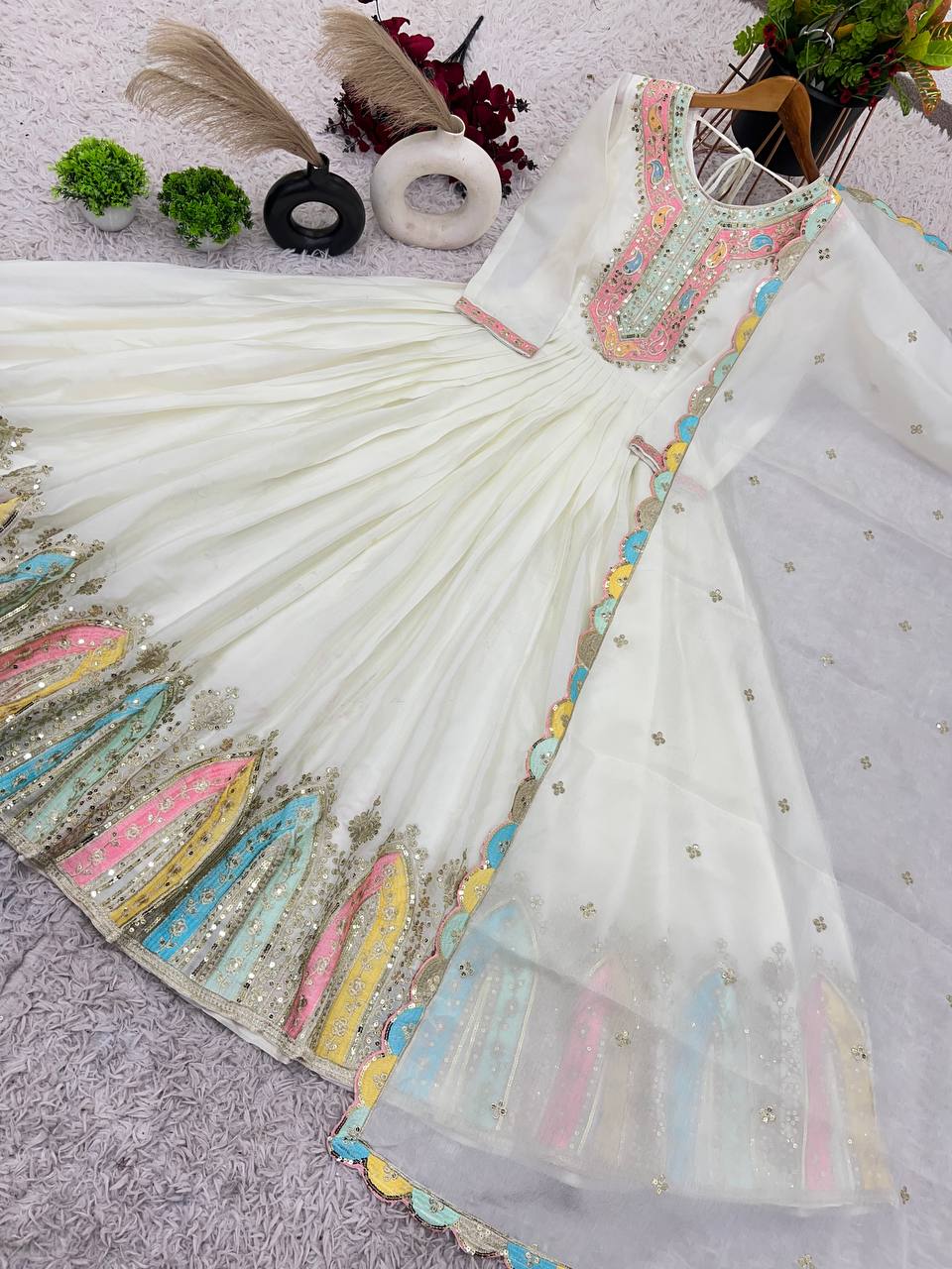 AAvaran AAvaran Heavy Chinon Silk Embroidered Anarkali with Dupatta | Full Sleeves Anarkali Set with dupatta & Pant