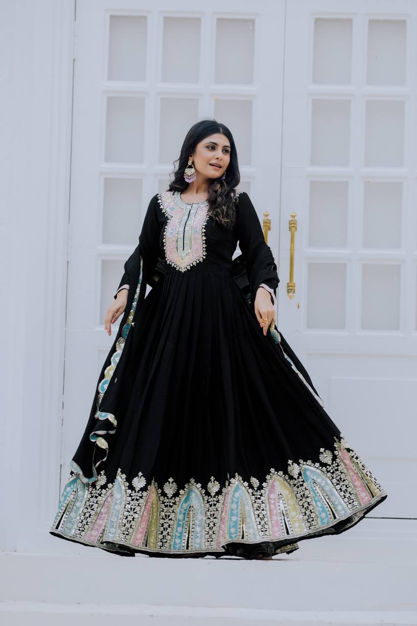 AAvaran AAvaran Heavy Chinon Silk Embroidered Anarkali with Dupatta | Full Sleeves Anarkali Set with dupatta & Pant