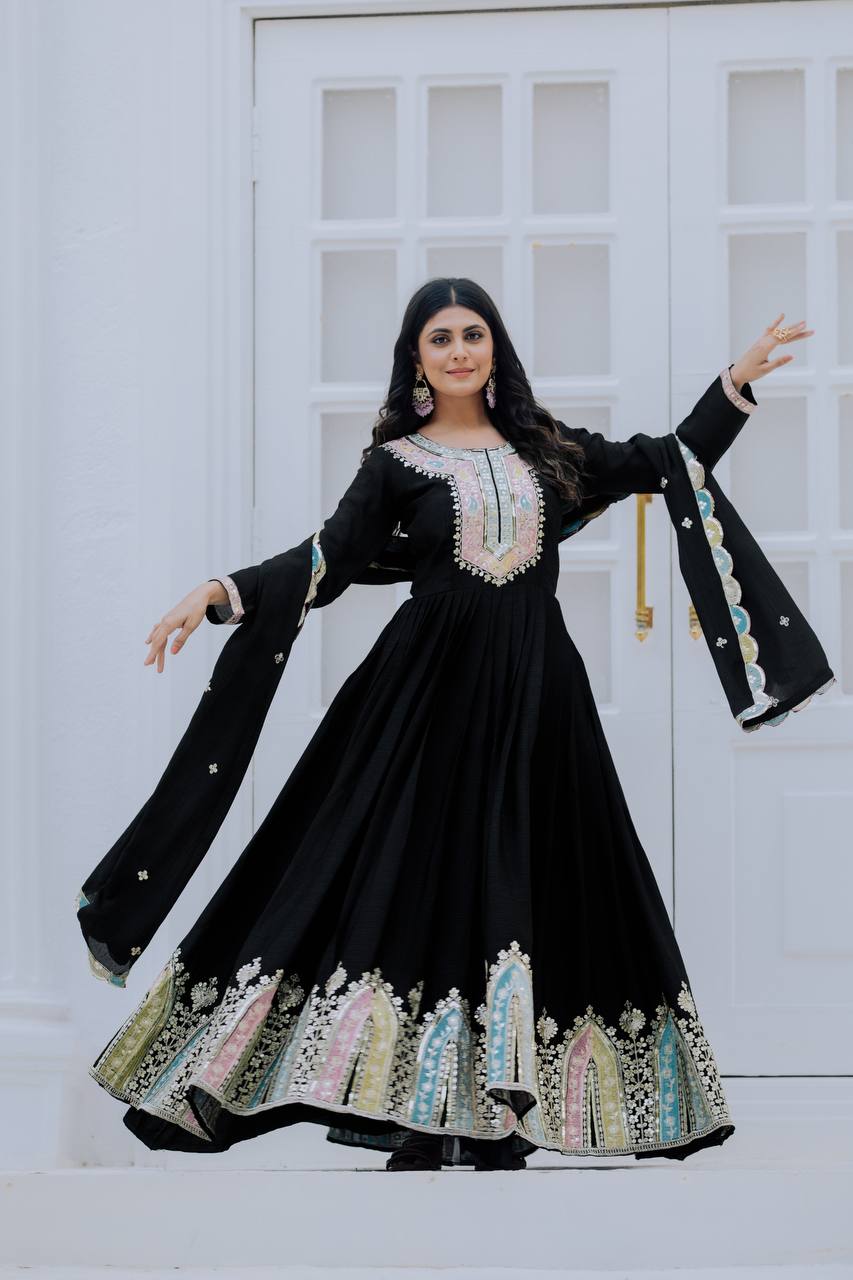 AAvaran AAvaran Heavy Chinon Silk Embroidered Anarkali with Dupatta | Full Sleeves Anarkali Set with dupatta & Pant