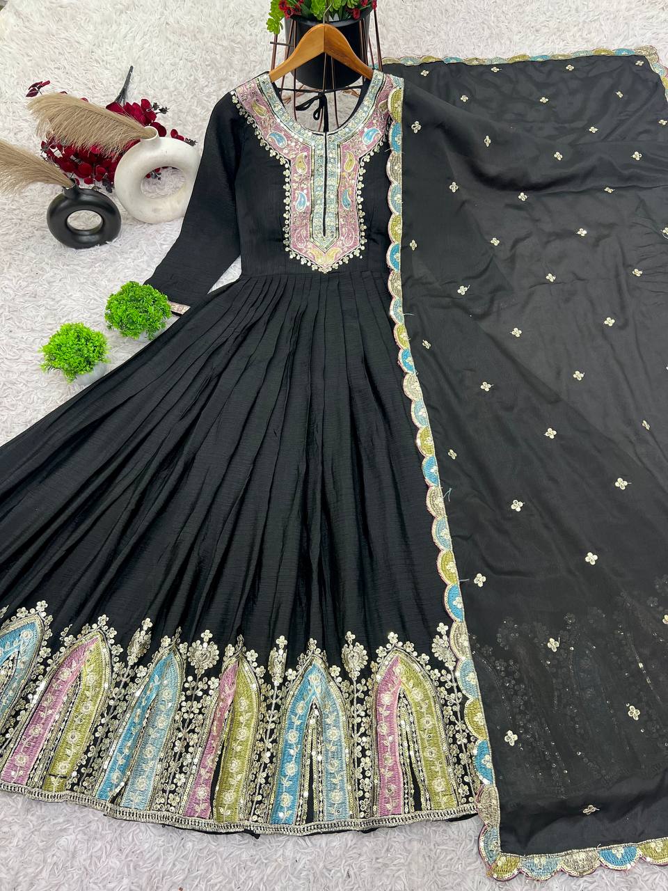 AAvaran AAvaran Heavy Chinon Silk Embroidered Anarkali with Dupatta | Full Sleeves Anarkali Set with dupatta & Pant