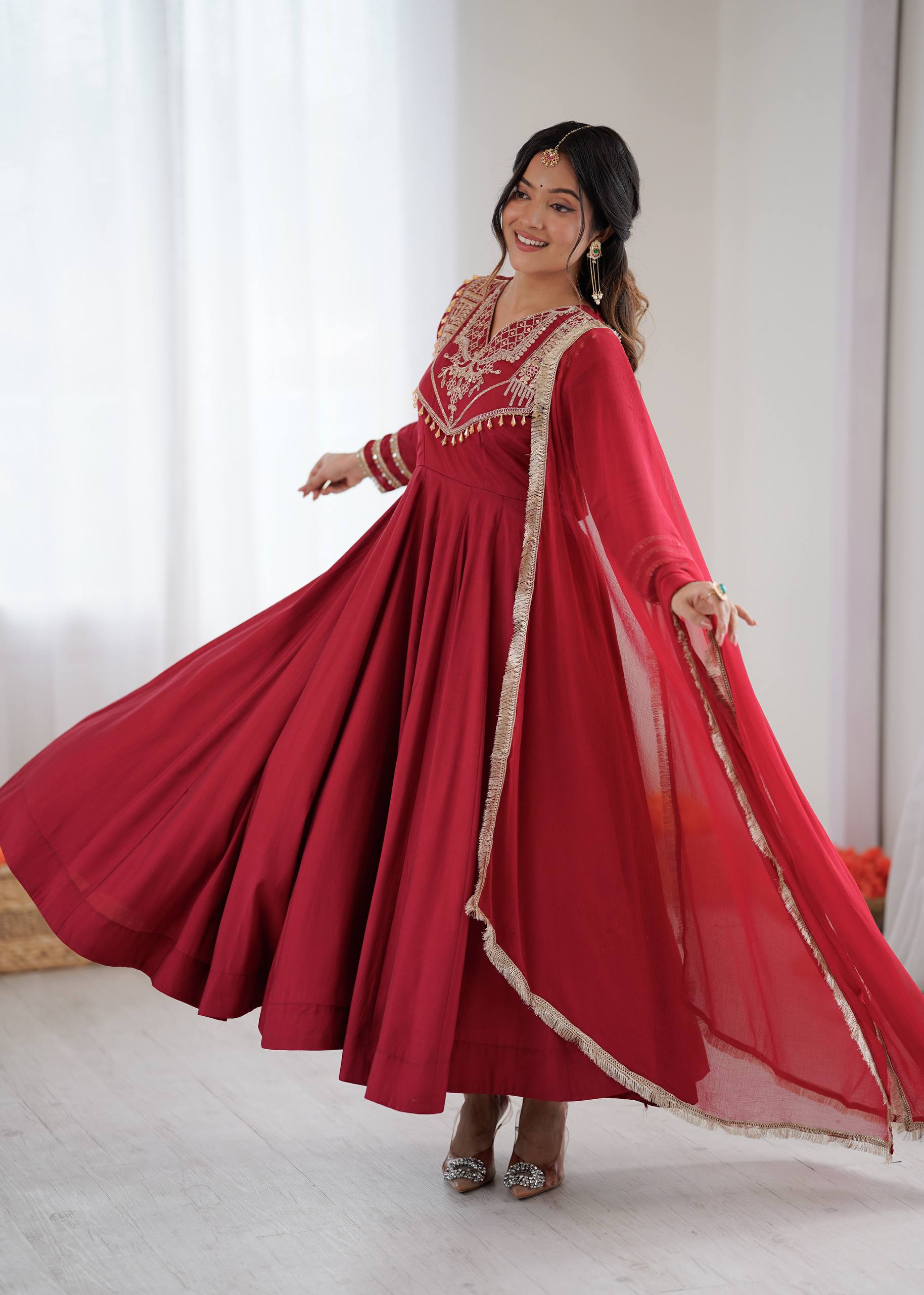 Crimson Royal Roman Silk Anarkali Gown by AAvaran