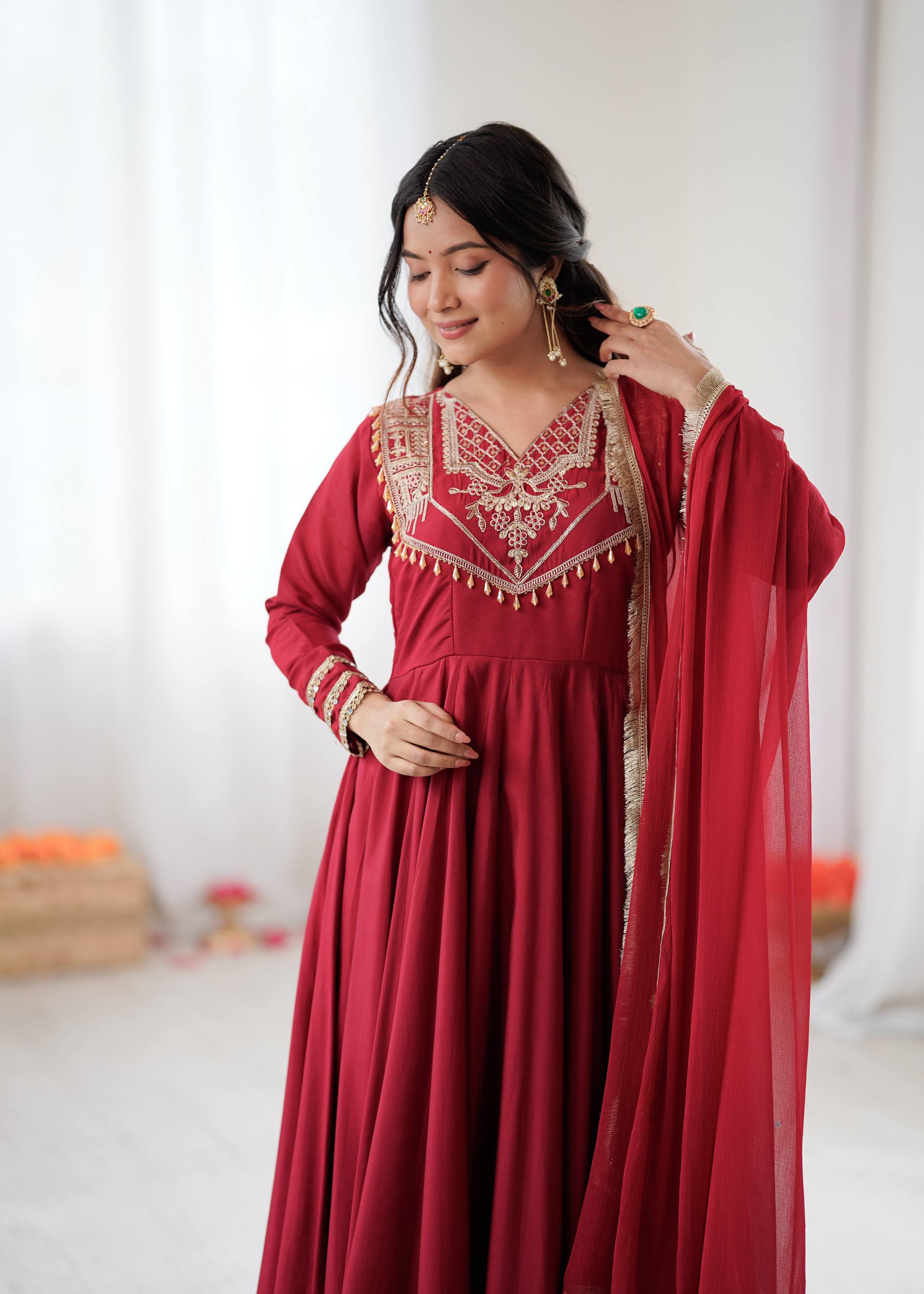 Crimson Royal Roman Silk Anarkali Gown by AAvaran