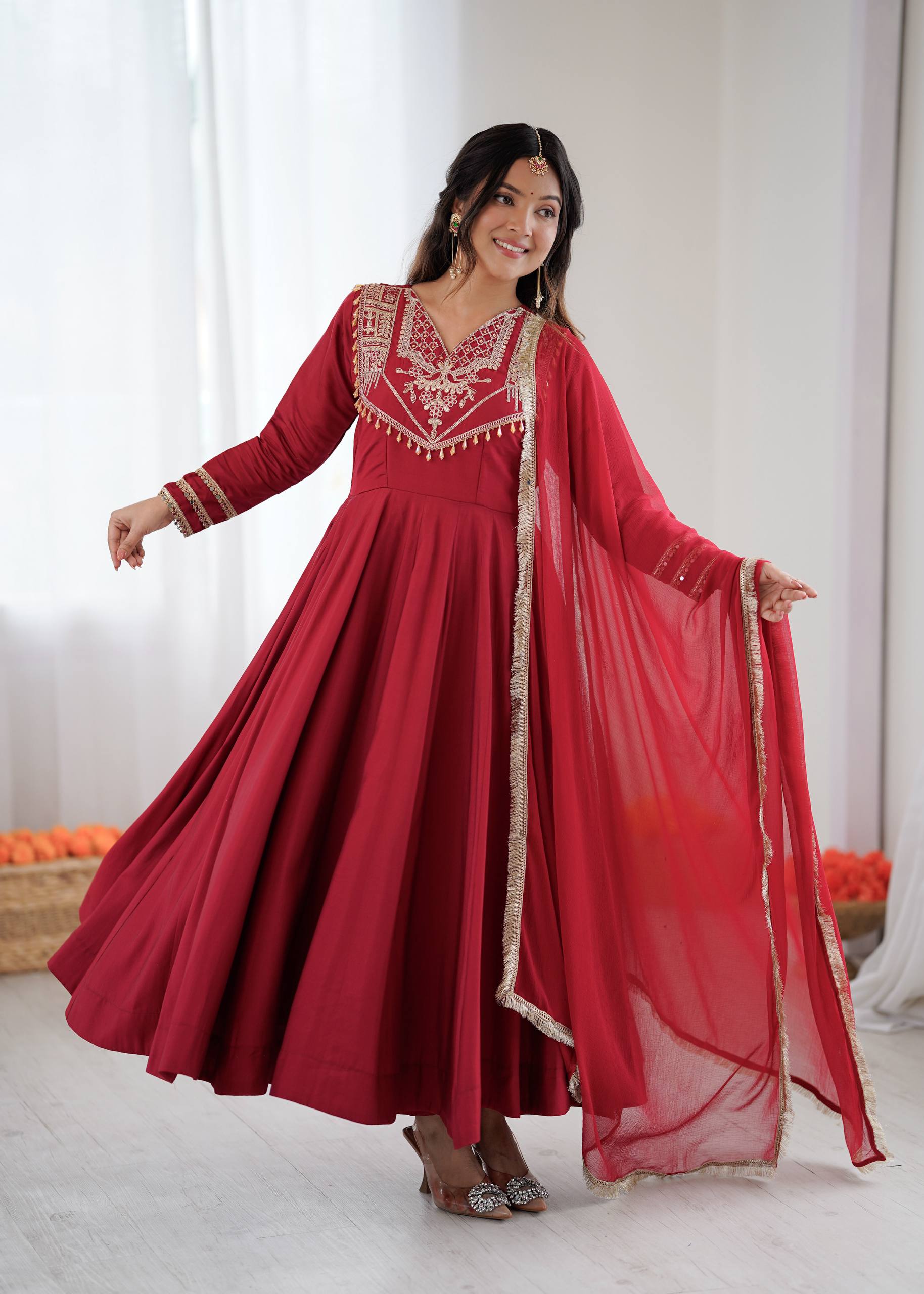 Crimson Royal Roman Silk Anarkali Gown by AAvaran