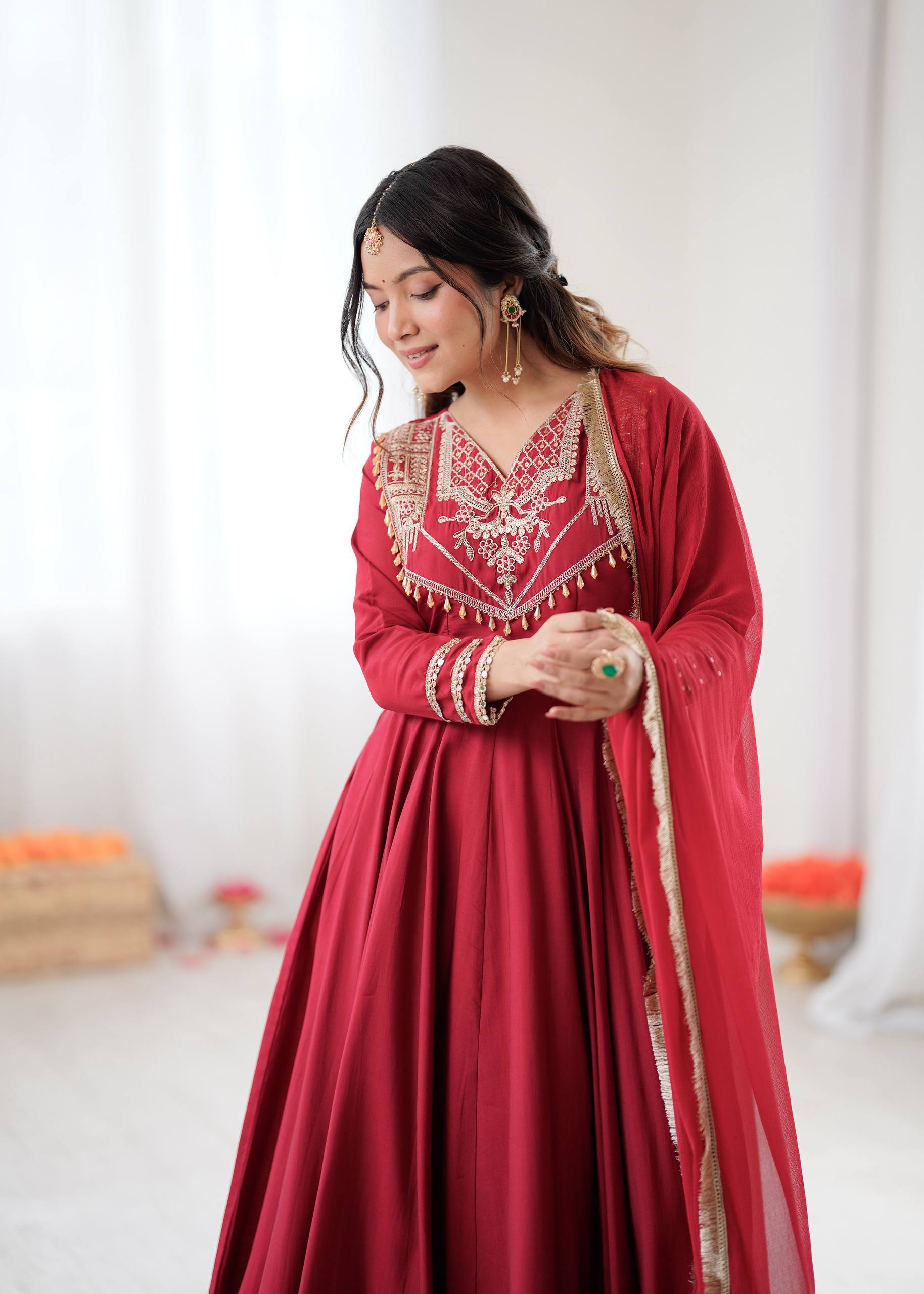 Crimson Royal Roman Silk Anarkali Gown by AAvaran