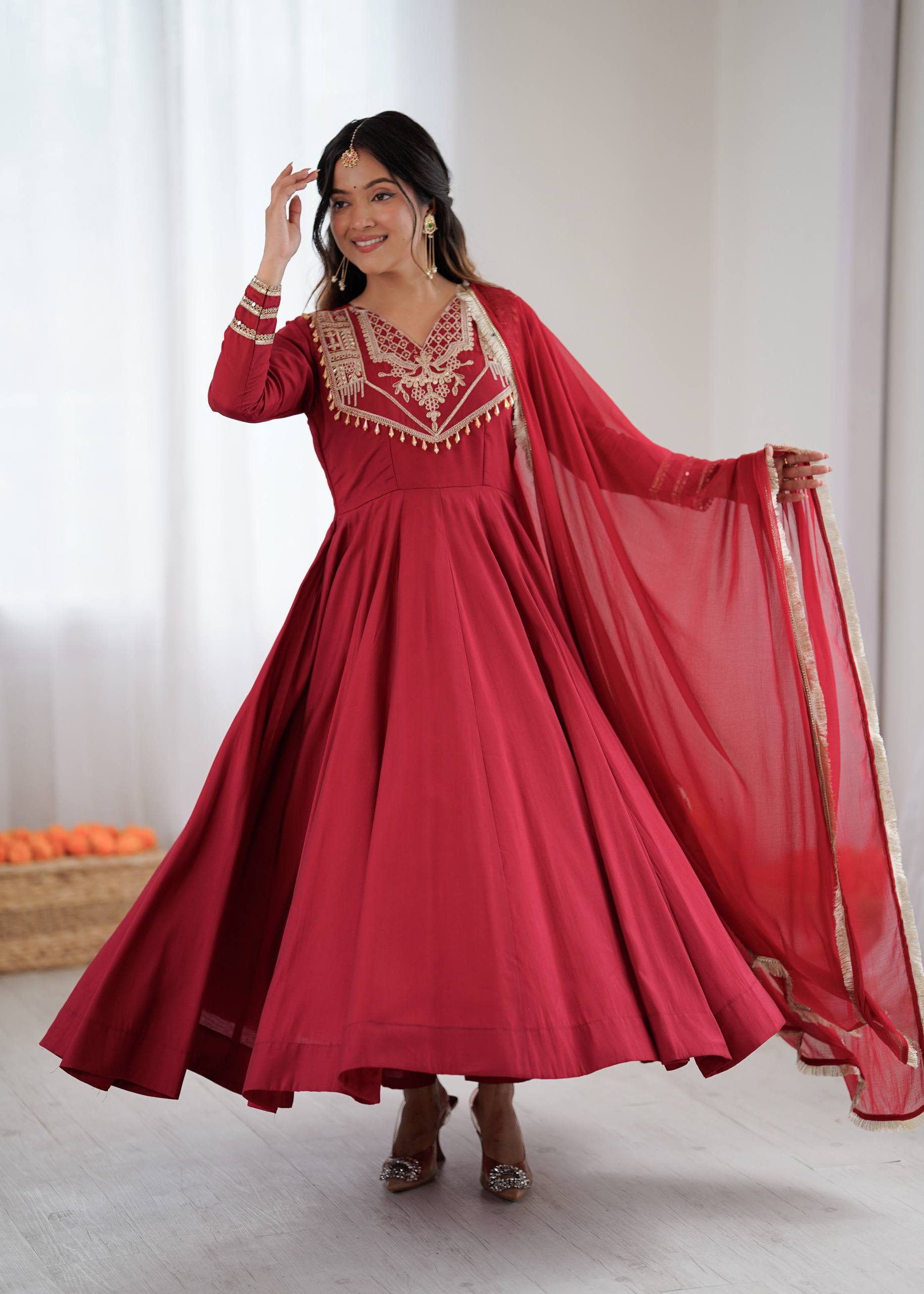 Crimson Royal Roman Silk Anarkali Gown by AAvaran