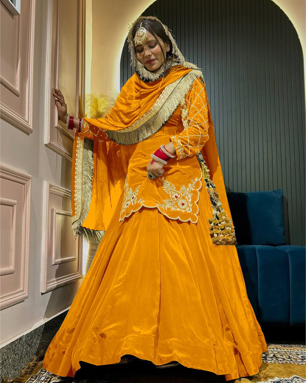 AAvaran Natural Crape Embroidered Kurti Lehenga Set with Dupatta | AAvaran Kurti Set with dupatta & Sharara Plazo