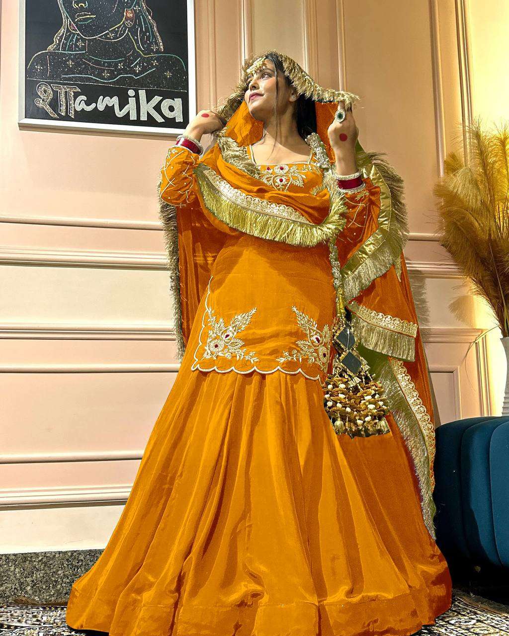 AAvaran Natural Crape Embroidered Kurti Lehenga Set with Dupatta | AAvaran Dark Yellow Kurti Set with dupatta & Sharara Plazo