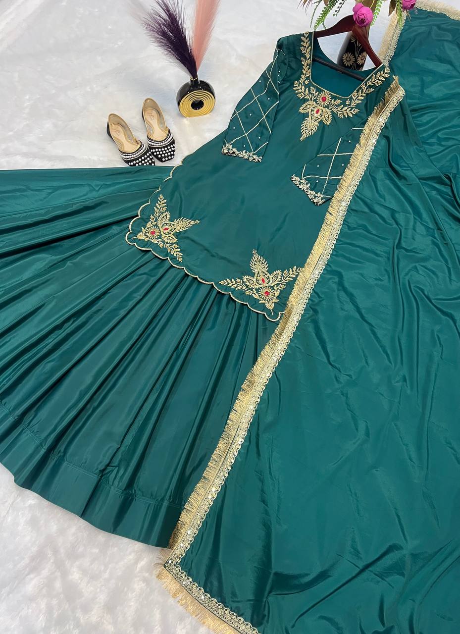 AAvaran Natural Crape Embroidered Kurti Lehenga Set with Dupatta | AAvaran Kurti Set with dupatta & Sharara Plazo