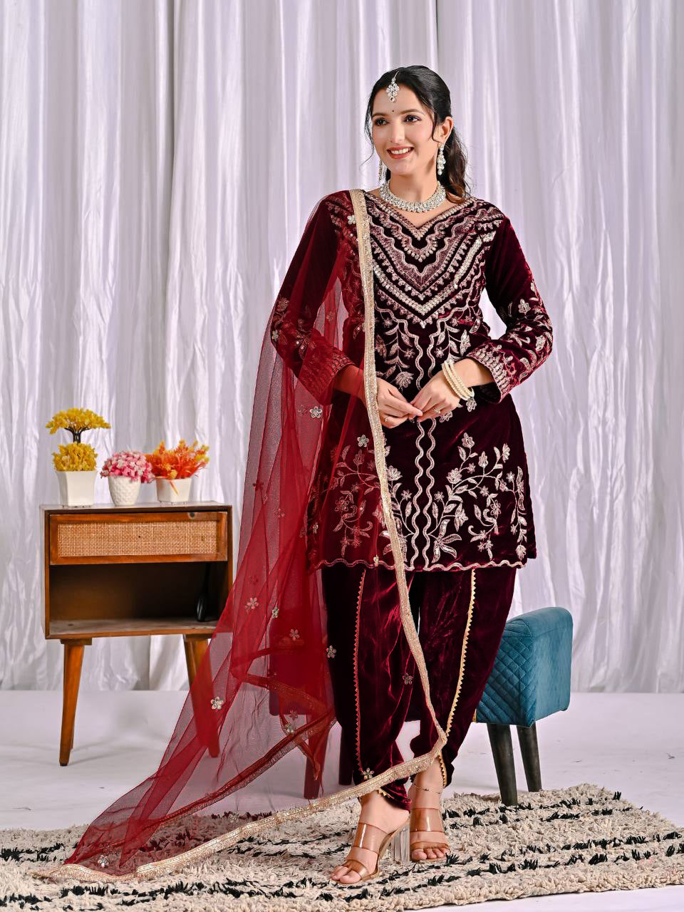 Maroon Luxury Velvet Embroidered Kurta Dhoti Set by AAvaran
