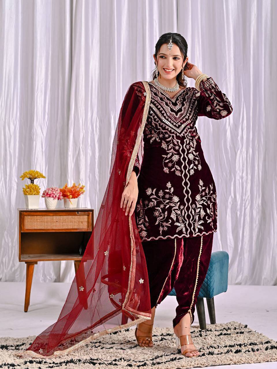 AAvaran Maroon Luxury Velvet Embroidered Kurta Dhoti Set by AAvaran Kurti Set with dupatta & Pant