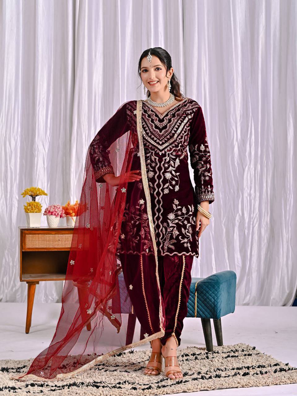 AAvaran Maroon Luxury Velvet Embroidered Kurta Dhoti Set by AAvaran Kurti Set with dupatta & Pant