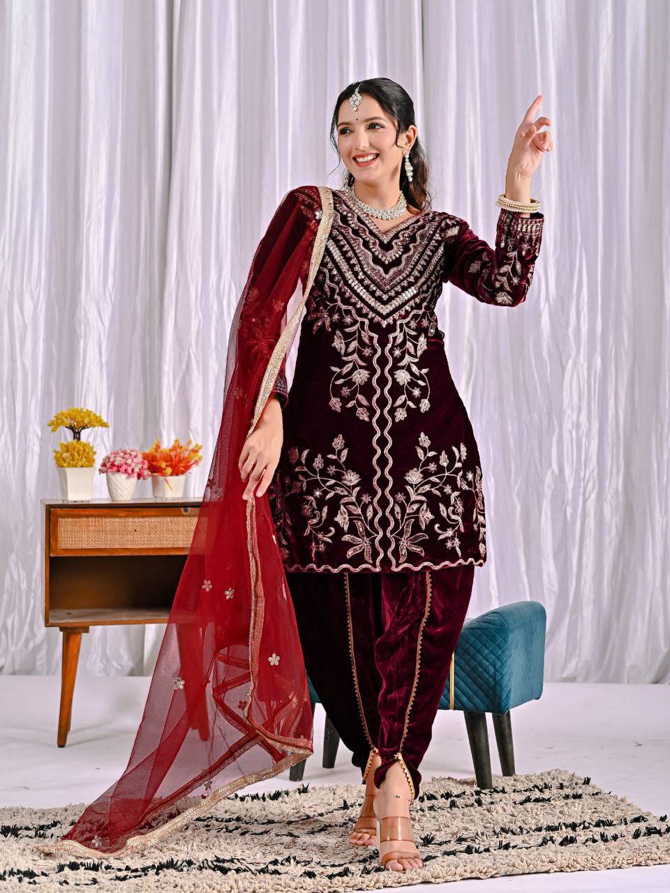 AAvaran Maroon Luxury Velvet Embroidered Kurta Dhoti Set by AAvaran Kurti Set with dupatta & Pant