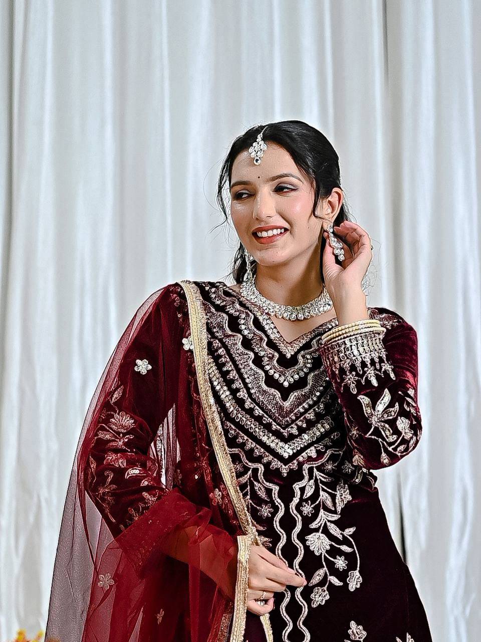 AAvaran Maroon Luxury Velvet Embroidered Kurta Dhoti Set by AAvaran Kurti Set with dupatta & Pant