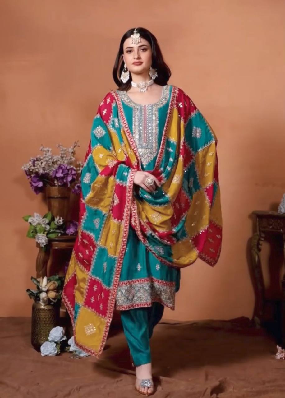 AAvaran Cyan Chinon Silk Kurta Set with Multi-Thread Embroidery | AAvaran Ethnic Wear Kurti Set with dupatta & Pant