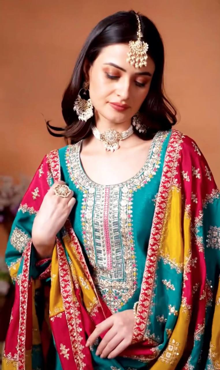 AAvaran Cyan Chinon Silk Kurta Set with Multi-Thread Embroidery | AAvaran Ethnic Wear Kurti Set with dupatta & Pant