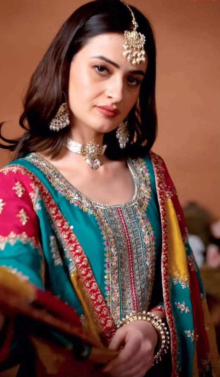 AAvaran Cyan Chinon Silk Kurta Set with Multi-Thread Embroidery | AAvaran Ethnic Wear Kurti Set with dupatta & Pant