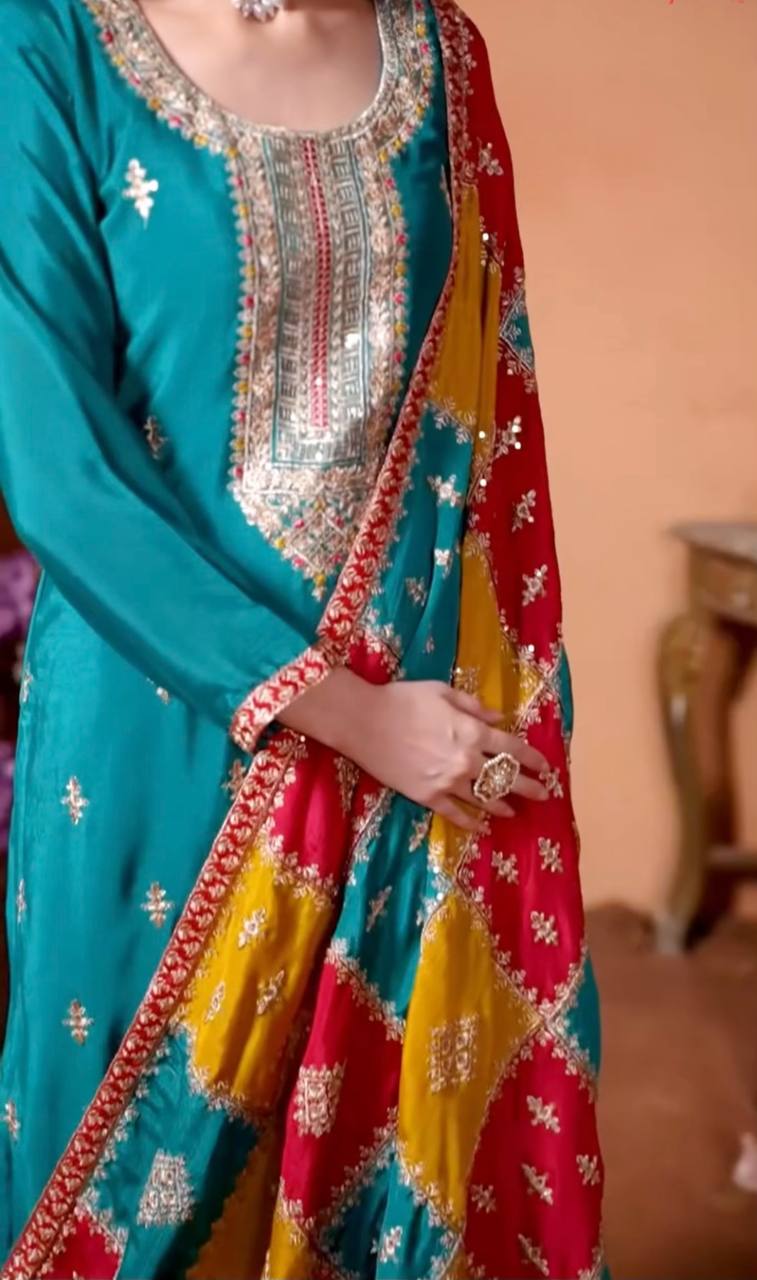 AAvaran Cyan Chinon Silk Kurta Set with Multi-Thread Embroidery | AAvaran Ethnic Wear Kurti Set with dupatta & Pant