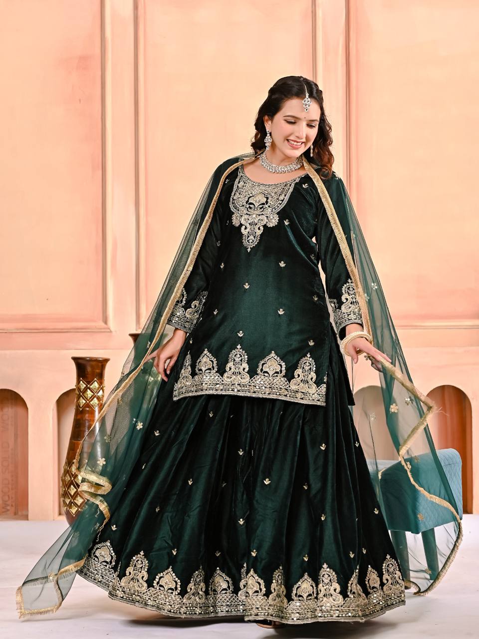 Emerald Muse Velvet Embroidered Sharara Set