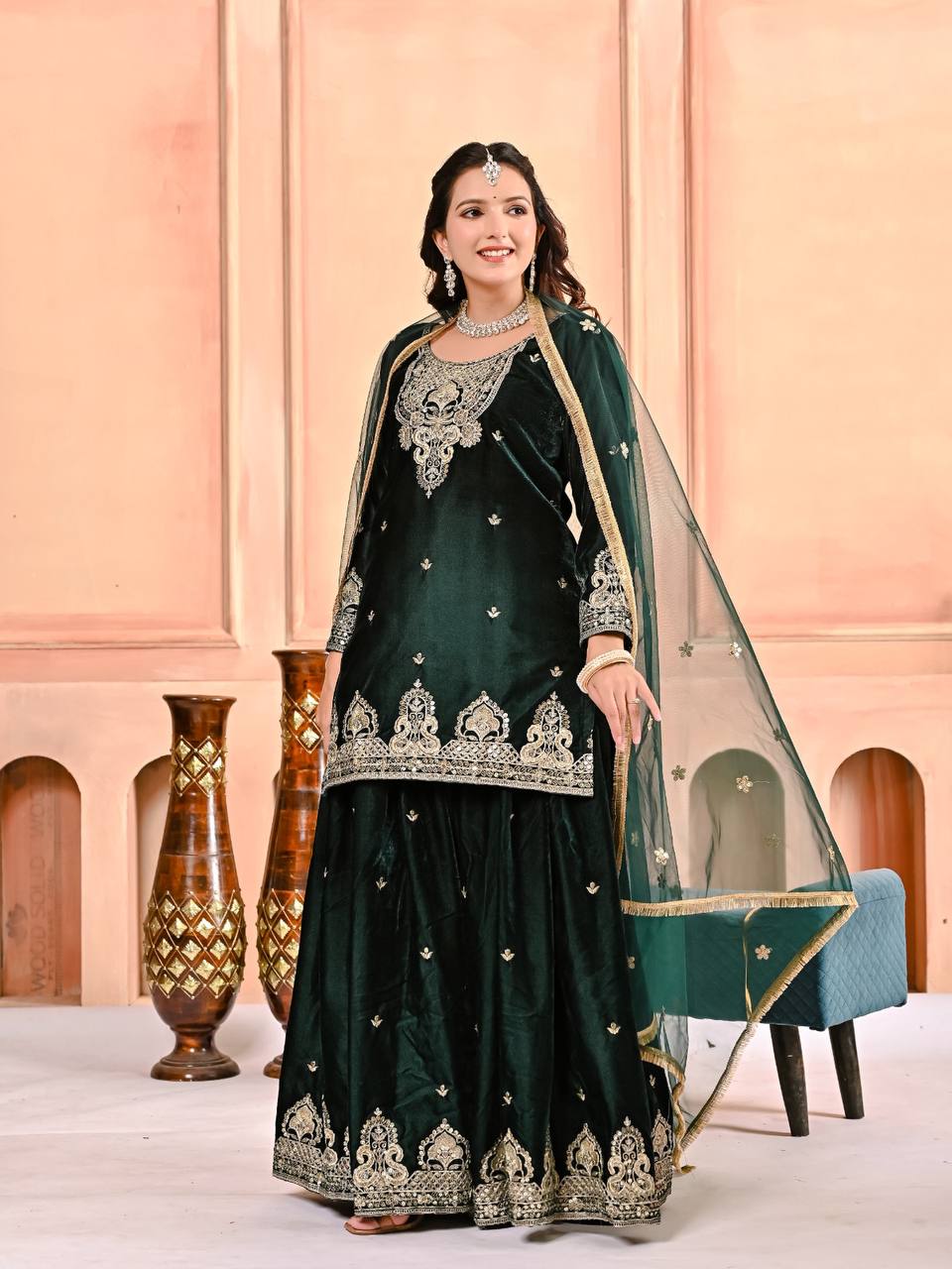 Emerald Muse Velvet Embroidered Sharara Set
