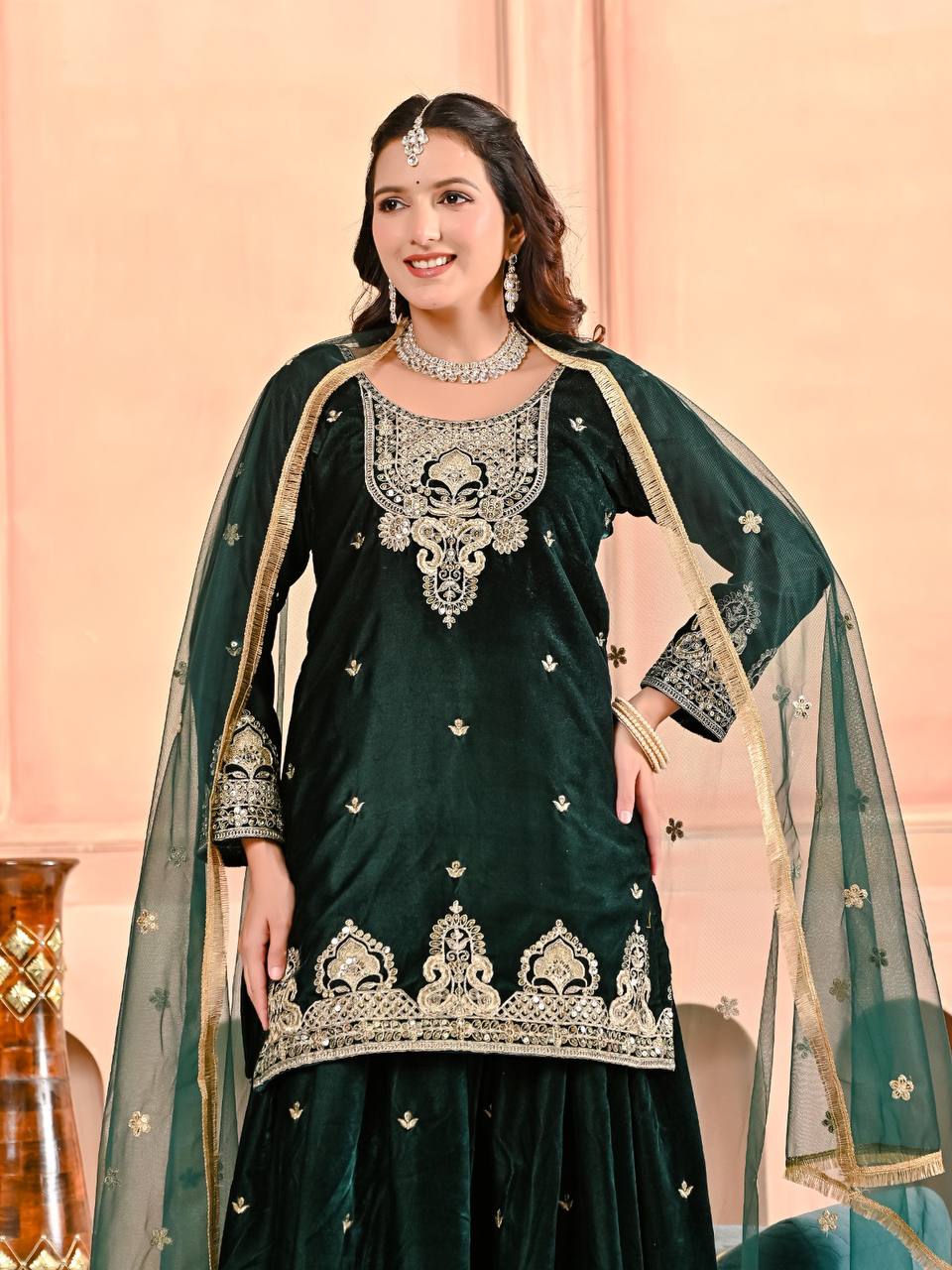 Emerald Muse Velvet Embroidered Sharara Set