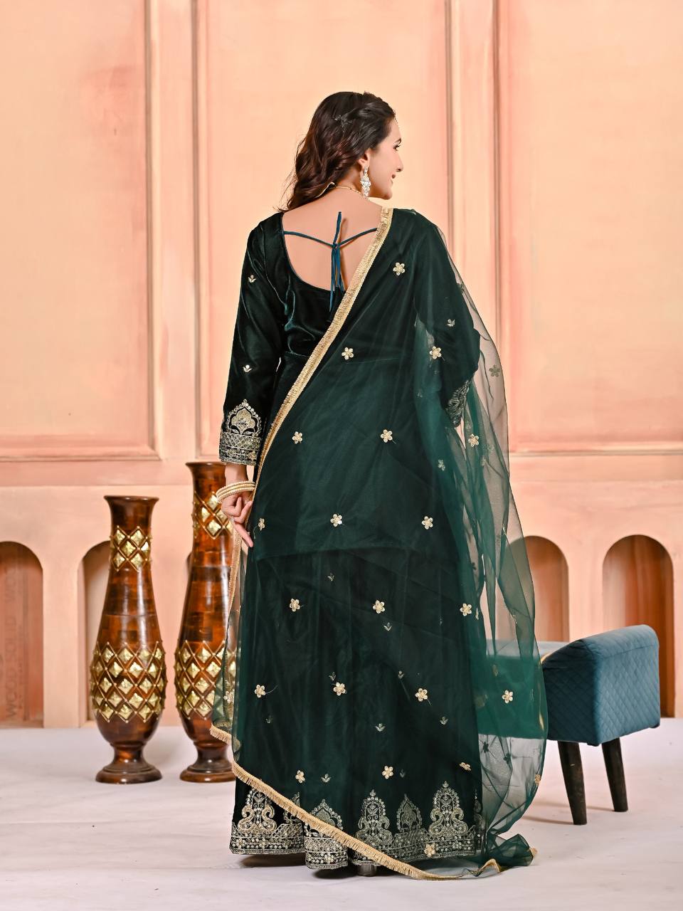Emerald Muse Velvet Embroidered Sharara Set