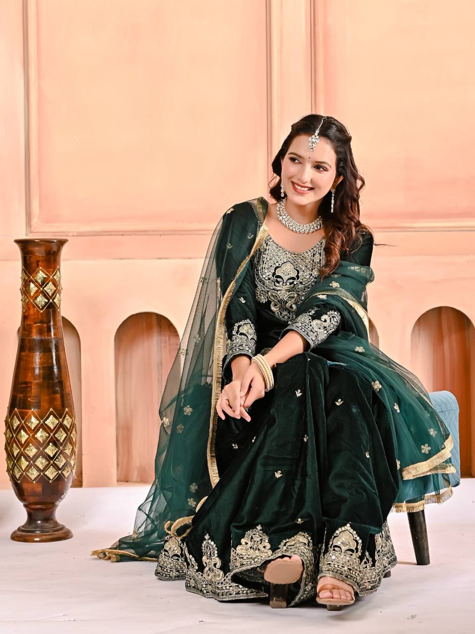 Emerald Muse Velvet Embroidered Sharara Set